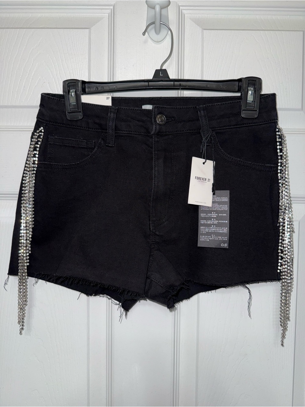 Forever 21 Black Distressed Denim Shorts with Rhinestone Fringe